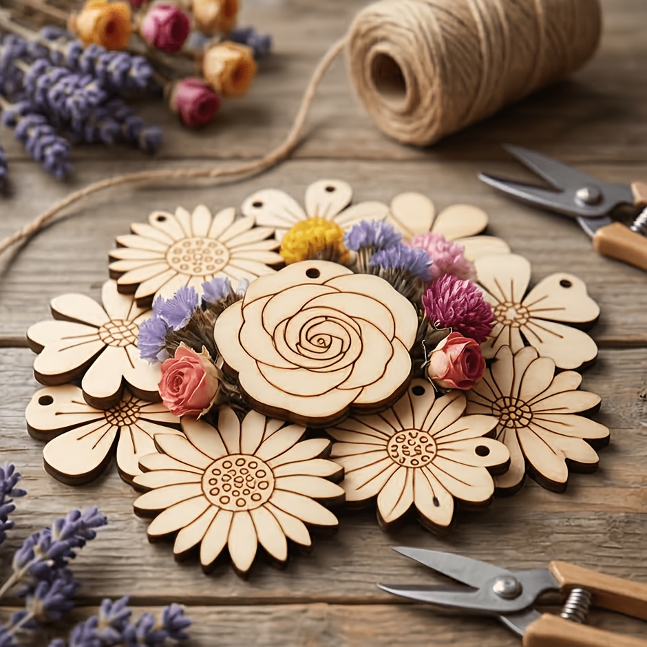 Easter Craft Embellishment Set - 50 pièces/ensemble, tranches de bois fleuries